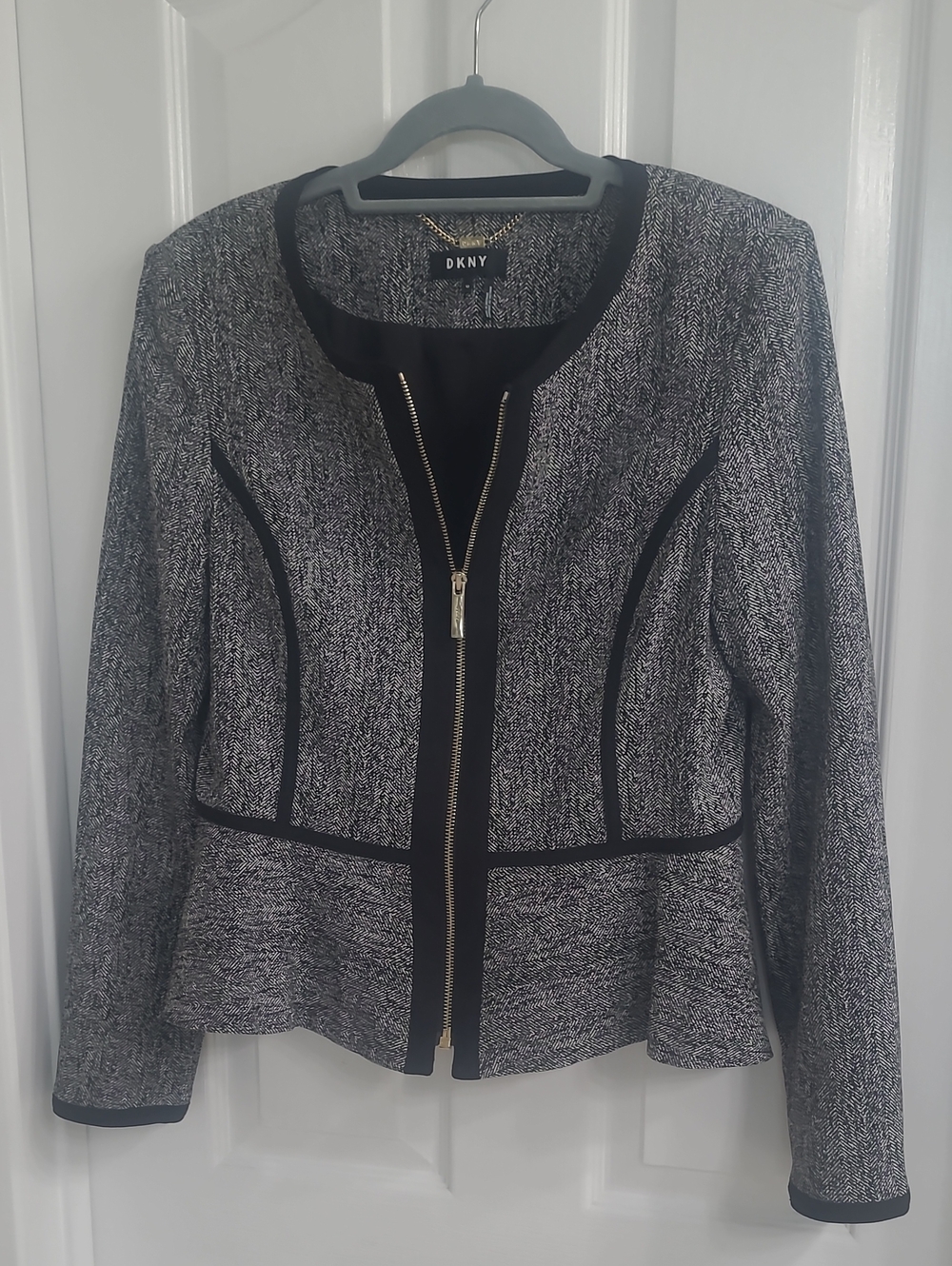DKNY Black and White Tweed Peplum Zip Blazer